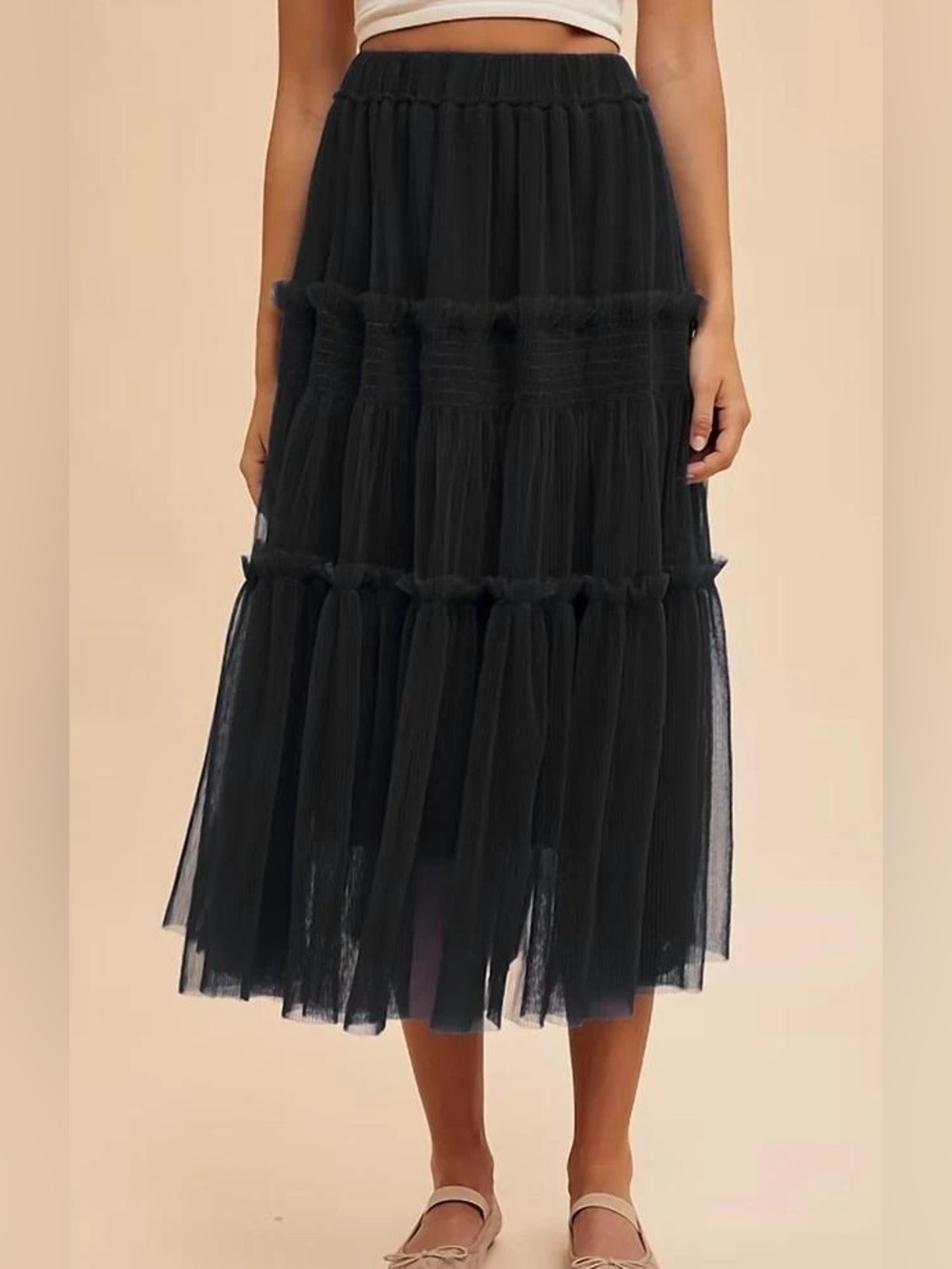 ANNIEWEAR Black Tiered Midi Tulle Skirt - Women's